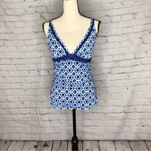 Tommy Bahama Blue and White Geometric Padded Wireless Tankini Top Medium
